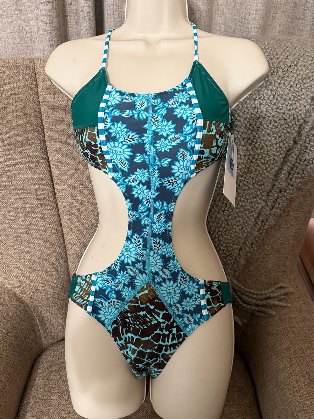 Turquoise Floral & Animal Print Cutout One-Piece Swimsuit
